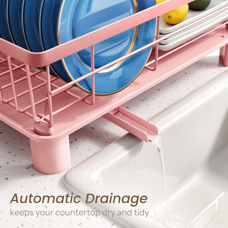 SNTD Dish Drying Rack - Small Dish Rack for Kitchen Counter, Stainless Steel Dish Drainer with Utensil Holder and Drainboard, 11" W x 15" L (Pink) - Image 4